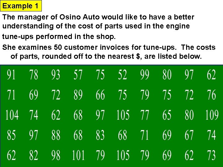 Example 1 The manager of Osino Auto would like to have a better understanding