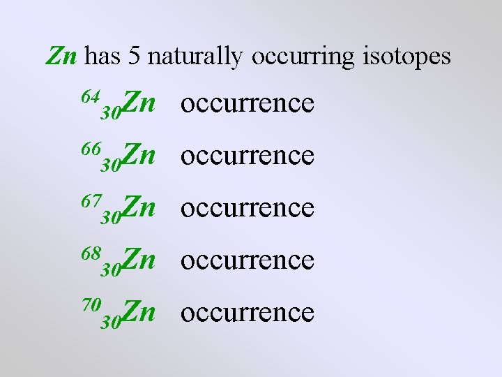 Zn has 5 naturally occurring isotopes 30 Zn occurrence 30 Zn occurrence 64 66 Zn has 5 naturally occurring isotopes 30 Zn occurrence 30 Zn occurrence 64 66