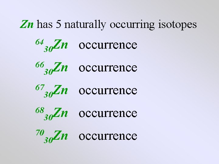 Zn has 5 naturally occurring isotopes 30 Zn occurrence 30 Zn occurrence 64 66