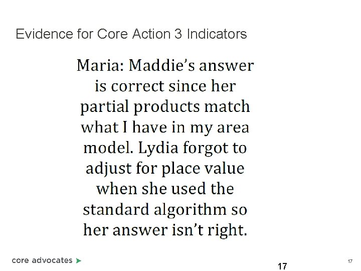 Evidence for Core Action 3 Indicators 17 17 