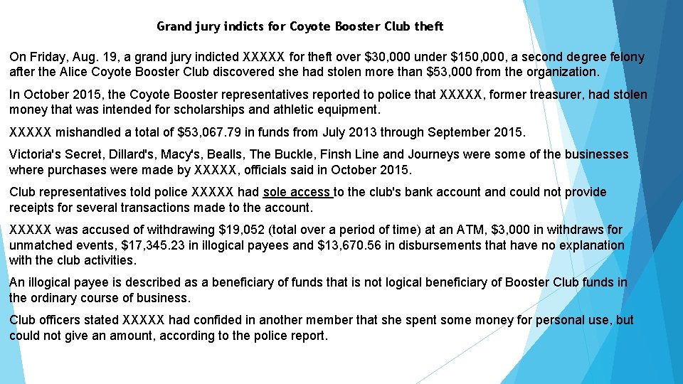 Grand jury indicts for Coyote Booster Club theft On Friday, Aug. 19, a grand