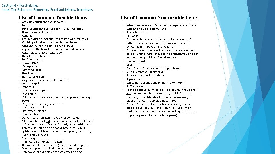 Section 4 – Fundraising…. Sales Tax Rules and Reporting, Food Guidelines, Incentives List of