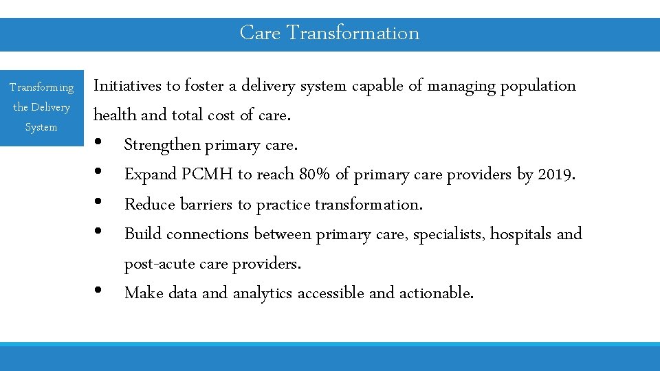 Care Transformation Transforming the Delivery System Initiatives to foster a delivery system capable of