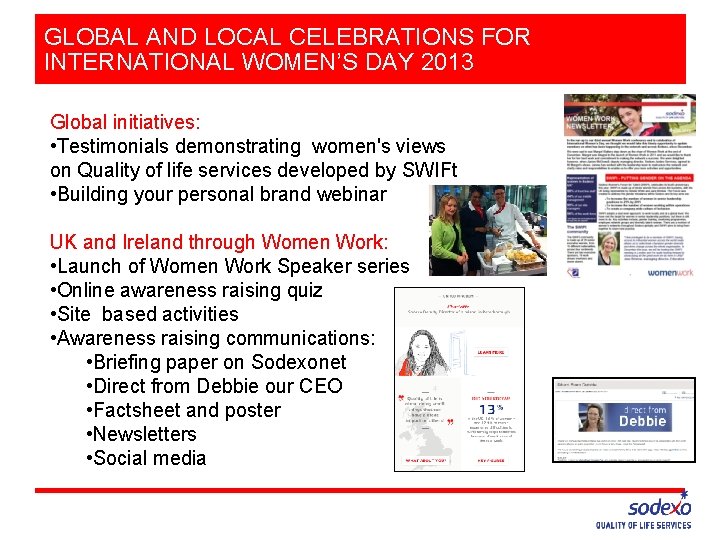 GLOBAL AND LOCAL CELEBRATIONS FOR INTERNATIONAL WOMEN’S DAY 2013 Global initiatives: • Testimonials demonstrating