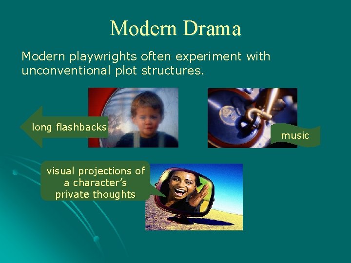 Modern Drama Modern playwrights often experiment with unconventional plot structures. long flashbacks visual projections