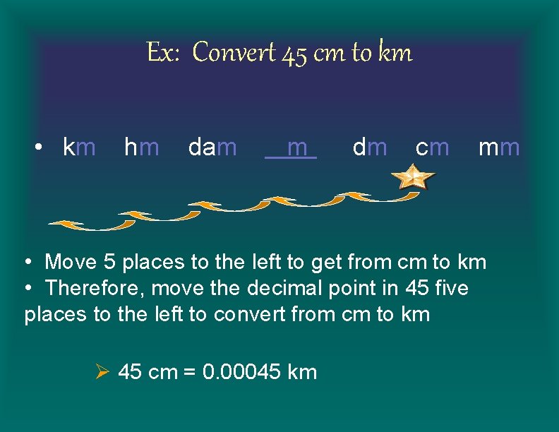 Ex: Convert 45 cm to km • km hm dam m dm cm mm