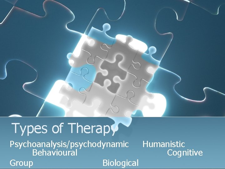 Types of Therapy Psychoanalysis/psychodynamic Humanistic Behavioural Cognitive Group Biological 