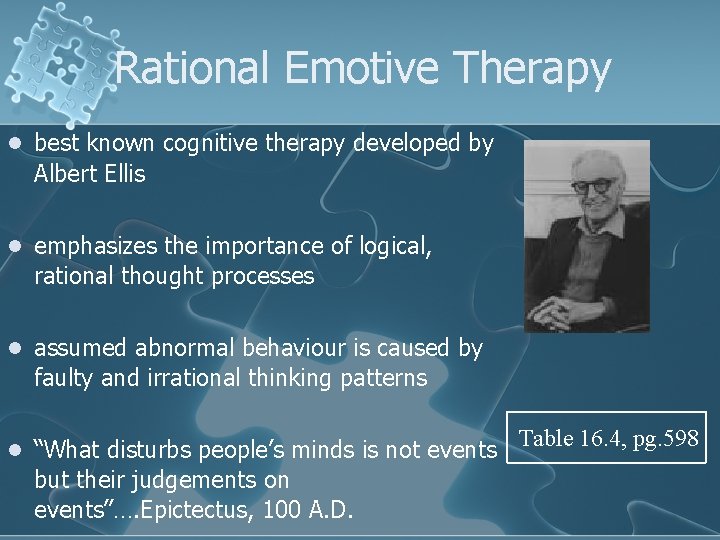 Rational Emotive Therapy l best known cognitive therapy developed by Albert Ellis l emphasizes