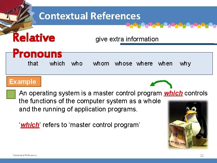 Contextual References Relative Pronouns that which give extra information whom whose where when why