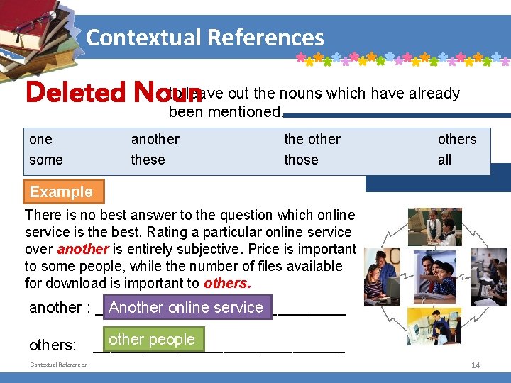 Contextual References to leave out the nouns which have already Deleted Noun been mentioned.