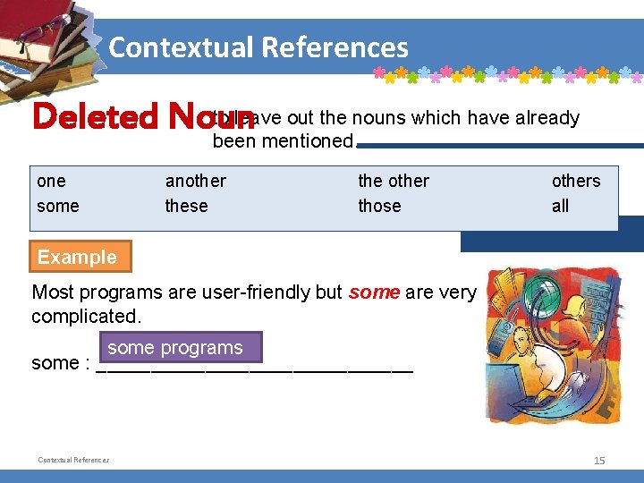 Contextual References to leave out the nouns which have already Deleted Noun been mentioned.