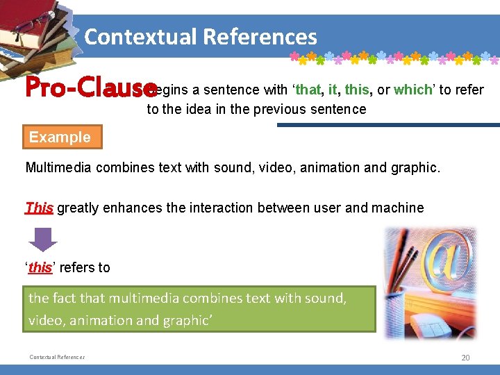 Contextual References Pro-Clausebegins a sentence with ‘that, it, this, or which’ to refer to