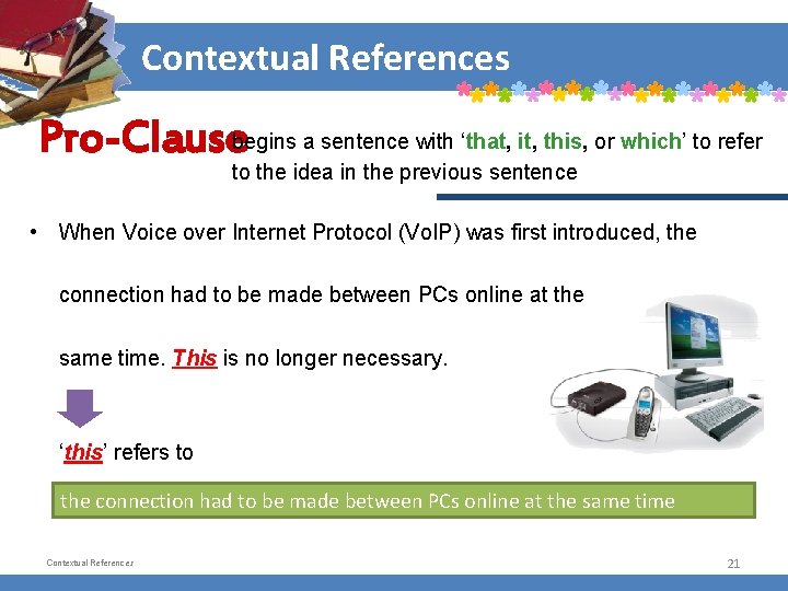 Contextual References Pro-Clausebegins a sentence with ‘that, it, this, or which’ to refer to