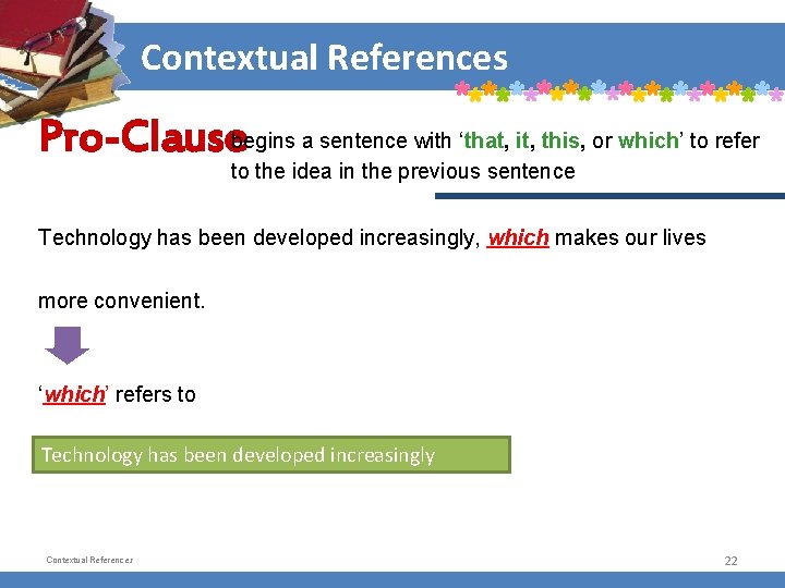 Contextual References Pro-Clausebegins a sentence with ‘that, it, this, or which’ to refer to