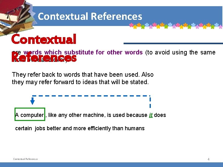 Contextual References Contextual are words which substitute for other words (to avoid using the