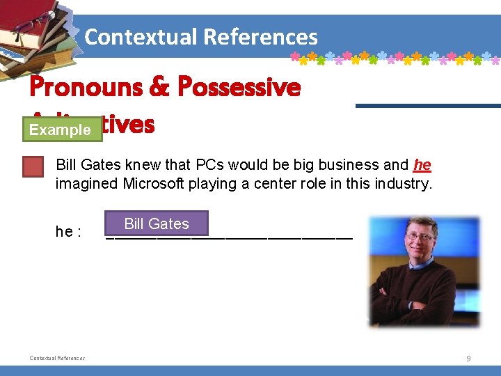 Contextual References Pronouns & Possessive Adjectives Example Bill Gates knew that PCs would be