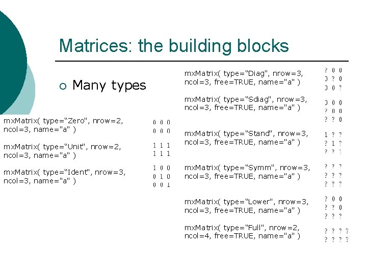 Matrices: the building blocks ¡ Many types mx. Matrix( type=“Diag", nrow=3, ncol=3, free=TRUE, name="a"