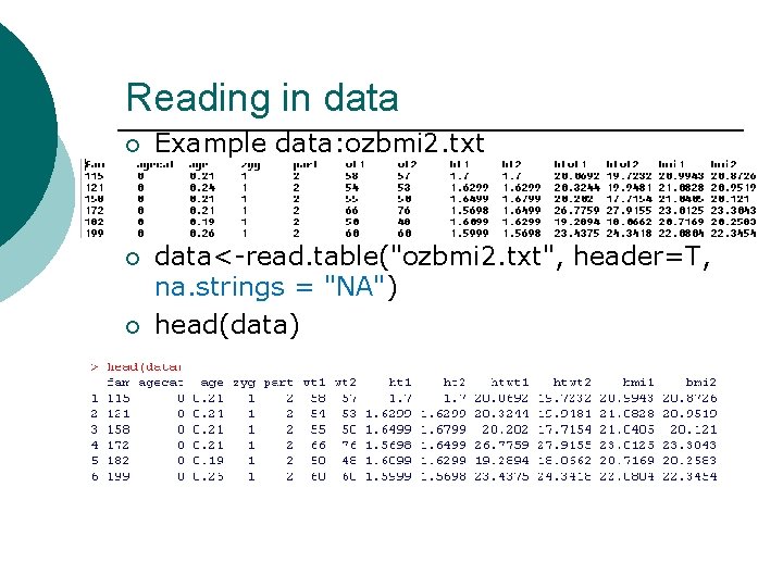 Reading in data ¡ Example data: ozbmi 2. txt ¡ data<-read. table("ozbmi 2. txt",