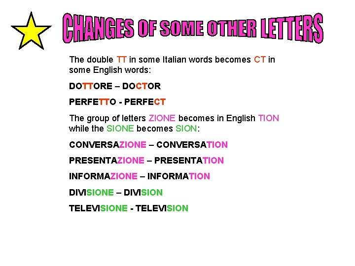 The double TT in some Italian words becomes CT in some English words: DOTTORE