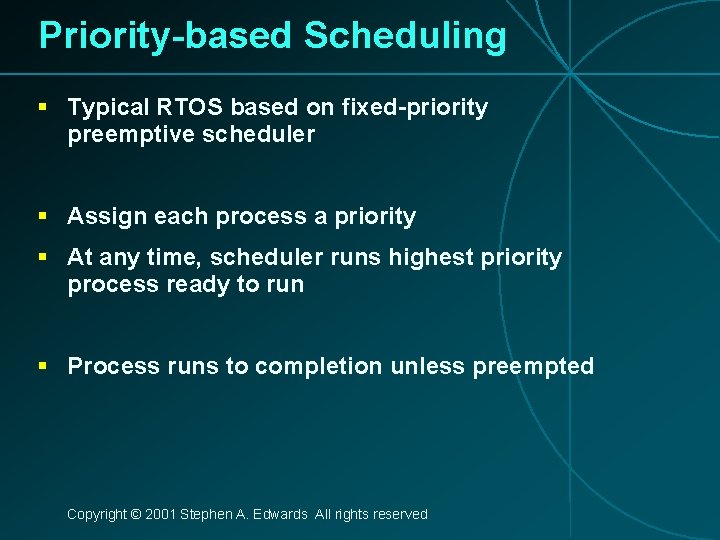 Priority-based Scheduling § Typical RTOS based on fixed-priority preemptive scheduler § Assign each process