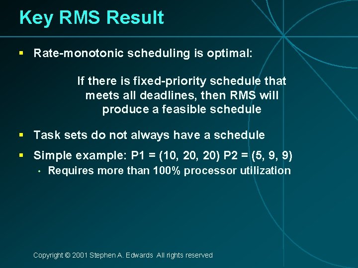 Key RMS Result § Rate-monotonic scheduling is optimal: If there is fixed-priority schedule that