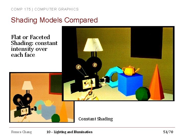 COMP 175 | COMPUTER GRAPHICS Shading Models Compared Flat or Faceted Shading: constant intensity