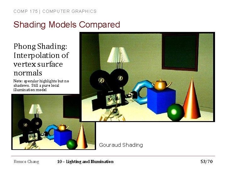 COMP 175 | COMPUTER GRAPHICS Shading Models Compared Phong Shading: Interpolation of vertex surface