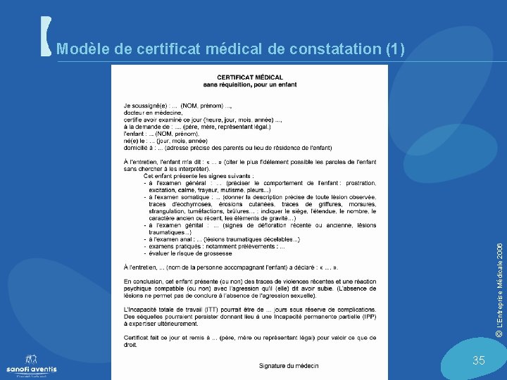 © L’Entreprise Médicale 2006 Modèle de certificat médical de constatation (1) 35 