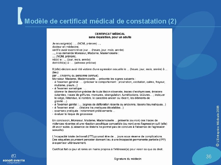 © L’Entreprise Médicale 2006 Modèle de certificat médical de constatation (2) 36 