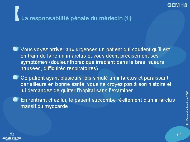 QCM 18 La responsabilité pénale du médecin (1) Vous voyez arriver aux urgences un