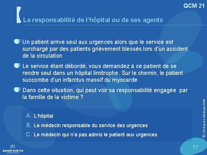 QCM 21 La responsabilité de l’hôpital ou de ses agents Un patient arrive seul