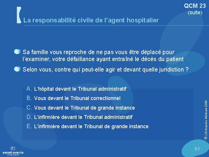 QCM 23 (suite) La responsabilité civile de l’agent hospitalier Sa famille vous reproche de