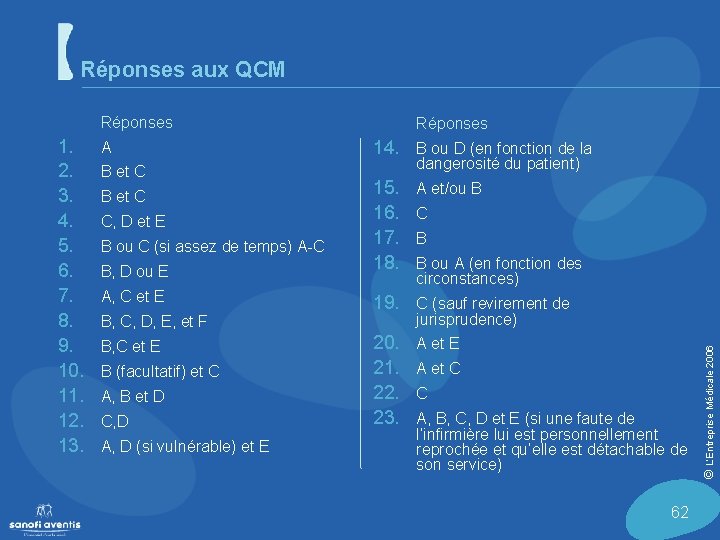 Réponses aux QCM Réponses A B et C 14. B ou D (en fonction