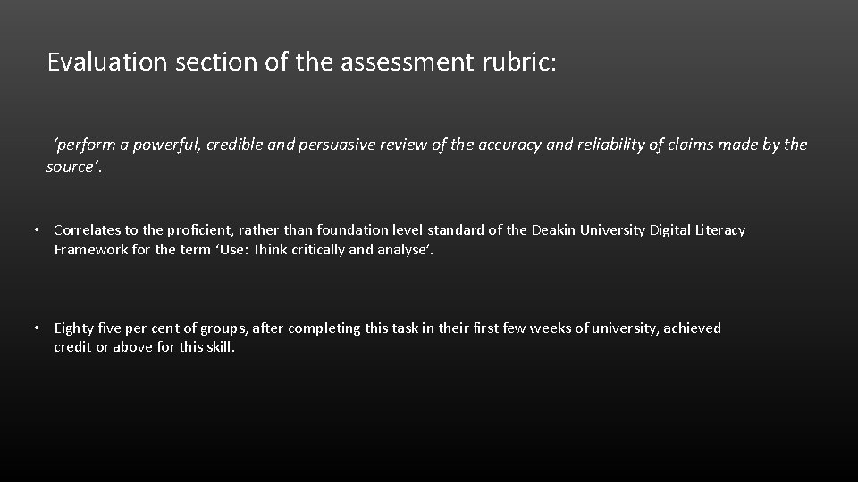 Evaluation section of the assessment rubric: ‘perform a powerful, credible and persuasive review of