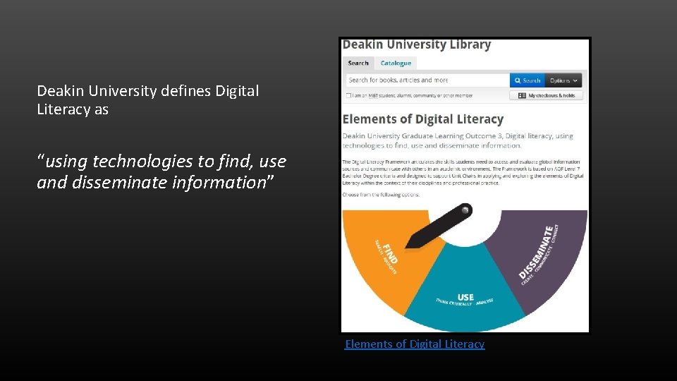 Deakin University defines Digital Literacy as “using technologies to find, use and disseminate information”