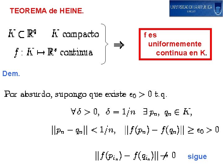 TEOREMA de HEINE. f es uniformemente continua en K. Dem. sigue 