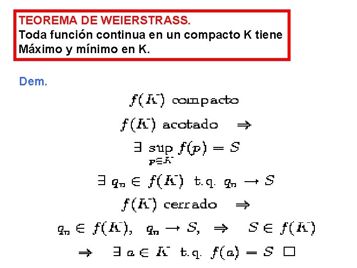 TEOREMA DE WEIERSTRASS. Toda función continua en un compacto K tiene Máximo y mínimo