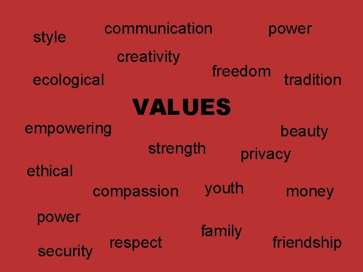 communication style creativity freedom ecological empowering tradition VALUES strength ethical compassion power security power