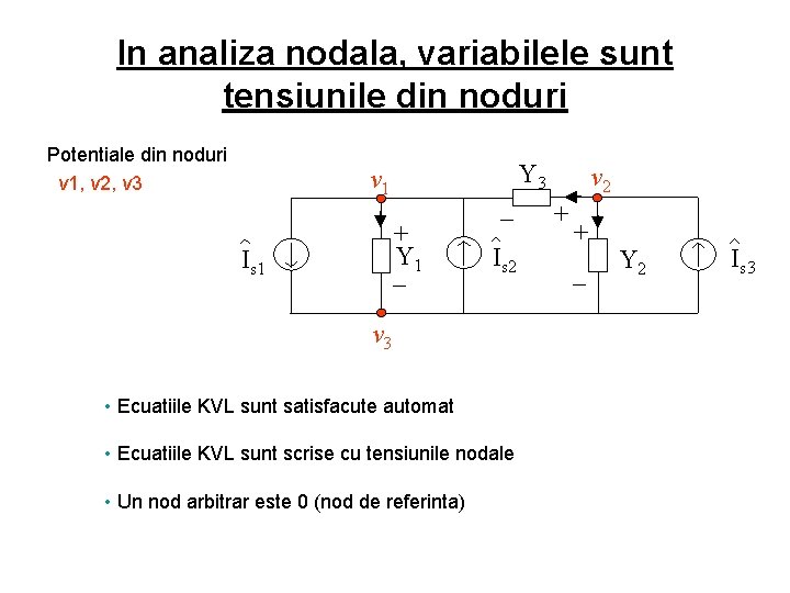In analiza nodala, variabilele sunt tensiunile din noduri Potentiale din noduri v 1, v