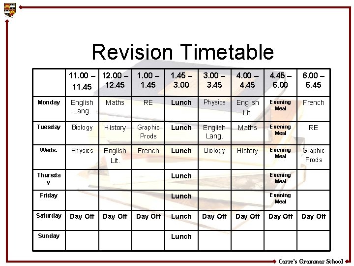 Revision Timetable 11. 00 – 12. 45 11. 45 1. 00 – 1. 45