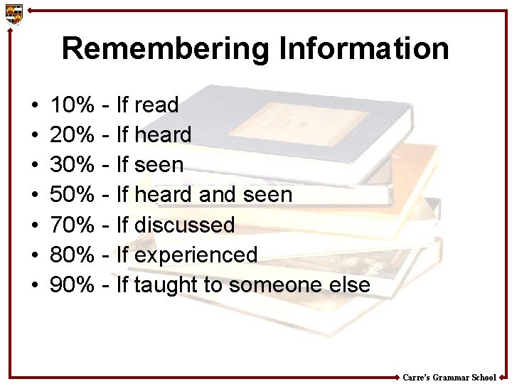 Remembering Information • • 10% - If read 20% - If heard 30% -