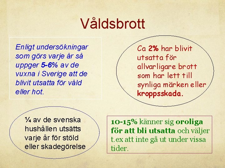 Våldsbrott Enligt undersökningar som görs varje år så uppger 5 -6% av de vuxna