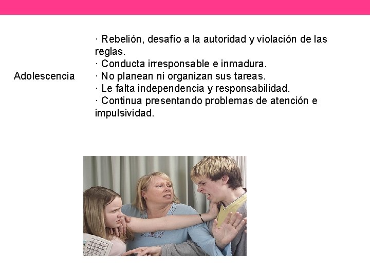 Adolescencia · Rebelión, desafío a la autoridad y violación de las reglas. · Conducta