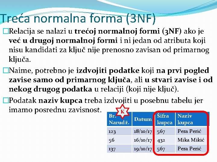 Treća normalna forma (3 NF) �Relacija se nalazi u trećoj normalnoj formi (3 NF)