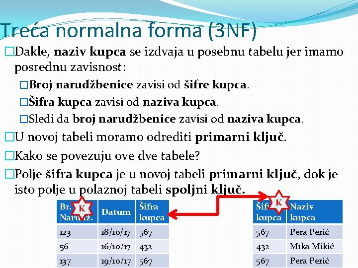 Treća normalna forma (3 NF) �Dakle, naziv kupca se izdvaja u posebnu tabelu jer