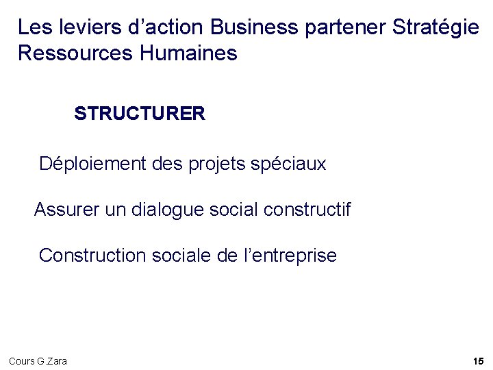 Les leviers d’action Business partener Stratégie Ressources Humaines STRUCTURER Déploiement des projets spéciaux Assurer Les leviers d’action Business partener Stratégie Ressources Humaines STRUCTURER Déploiement des projets spéciaux Assurer