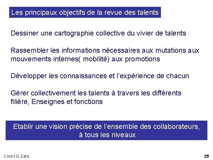 Les principaux objectifs de la revue des talents Dessiner une cartographie collective du vivier Les principaux objectifs de la revue des talents Dessiner une cartographie collective du vivier