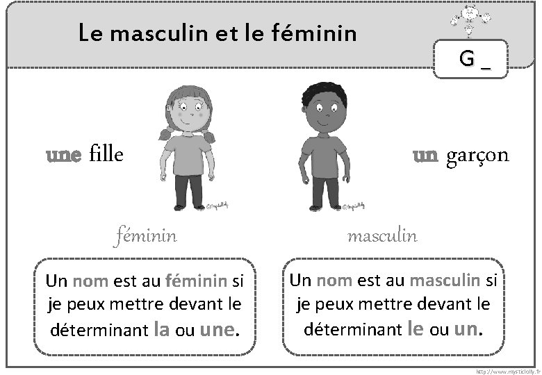 Le masculin et le féminin une fille féminin Un nom est au féminin si