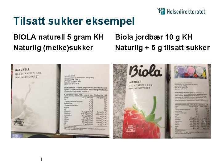 Tilsatt sukker eksempel BIOLA naturell 5 gram KH Naturlig (melke)sukker | Biola jordbær 10