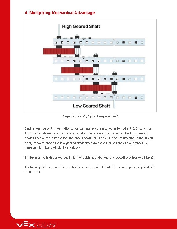 4. Multiplying Mechanical Advantage The gearbox, showing high and low geared shafts. Each stage 4. Multiplying Mechanical Advantage The gearbox, showing high and low geared shafts. Each stage